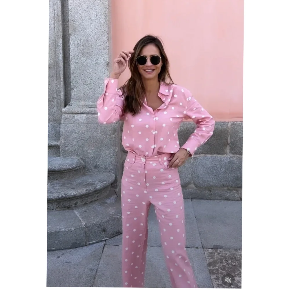 Zara 2 pcs linen blend polka dot shirt + pants set - Picture 5 of 8